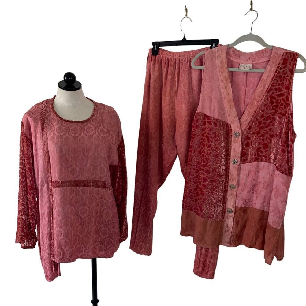 Uru Vintage Womens Pants Tunic Vest One Size Pink Three Piece Set Burnout Velvet